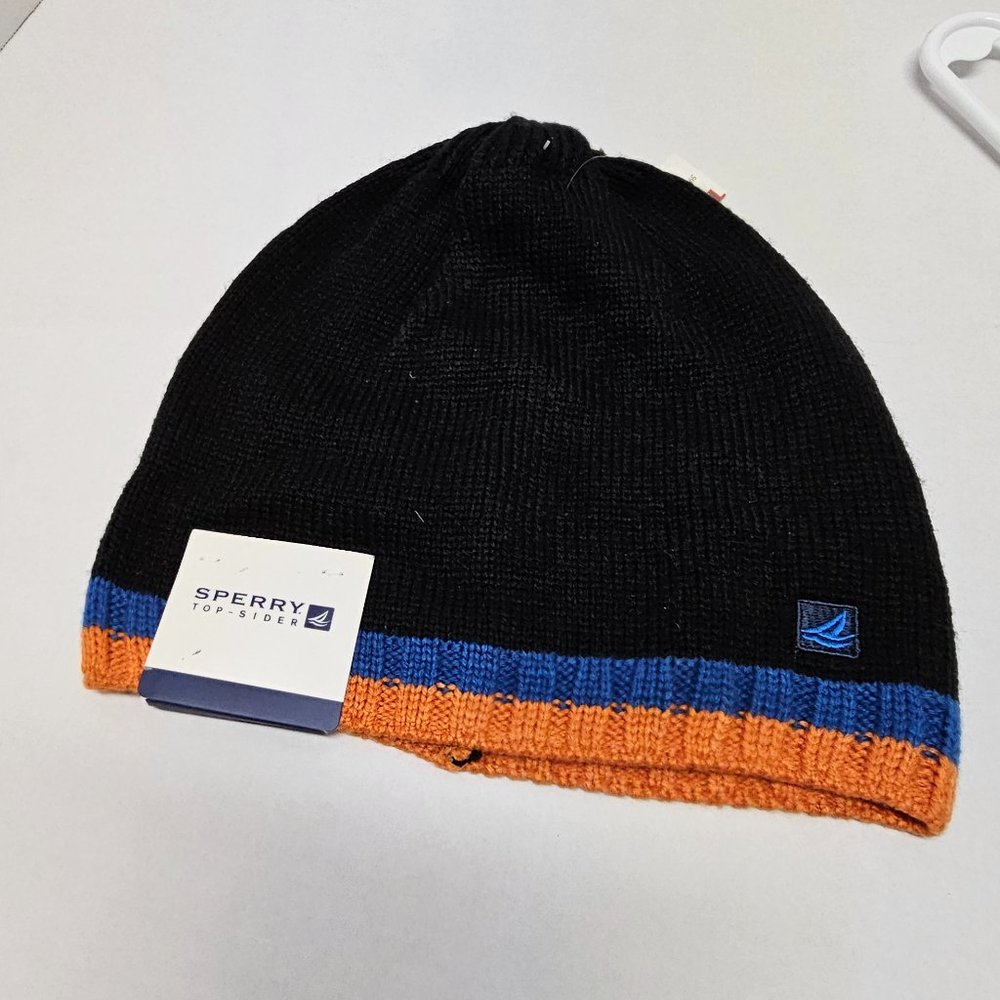 New Sperry Top Sider Hat Beanie Men Women Unisex Black Blue Orange Trim Knit